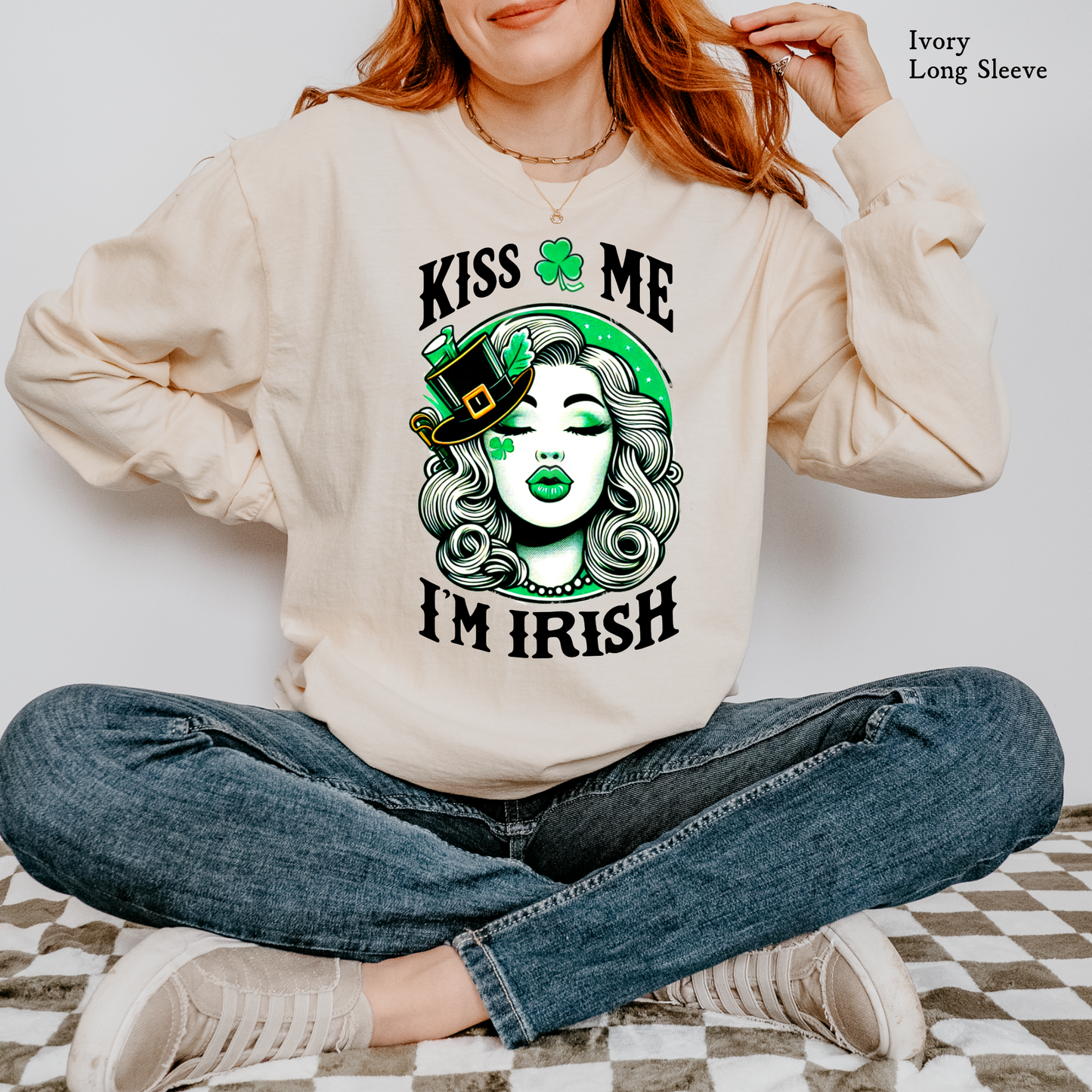Kiss Me I'm Irish Vintage Face | St. Patrick's Day | Comfort Color Long Sleeve Graphic Tees
