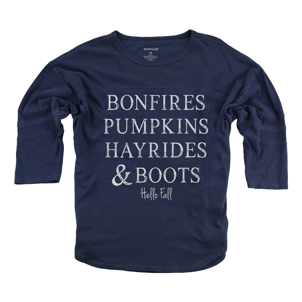 Bonfires, Pumpkins, Hayrides and Boots Hello Fall Women's Navy Vintage Jersey