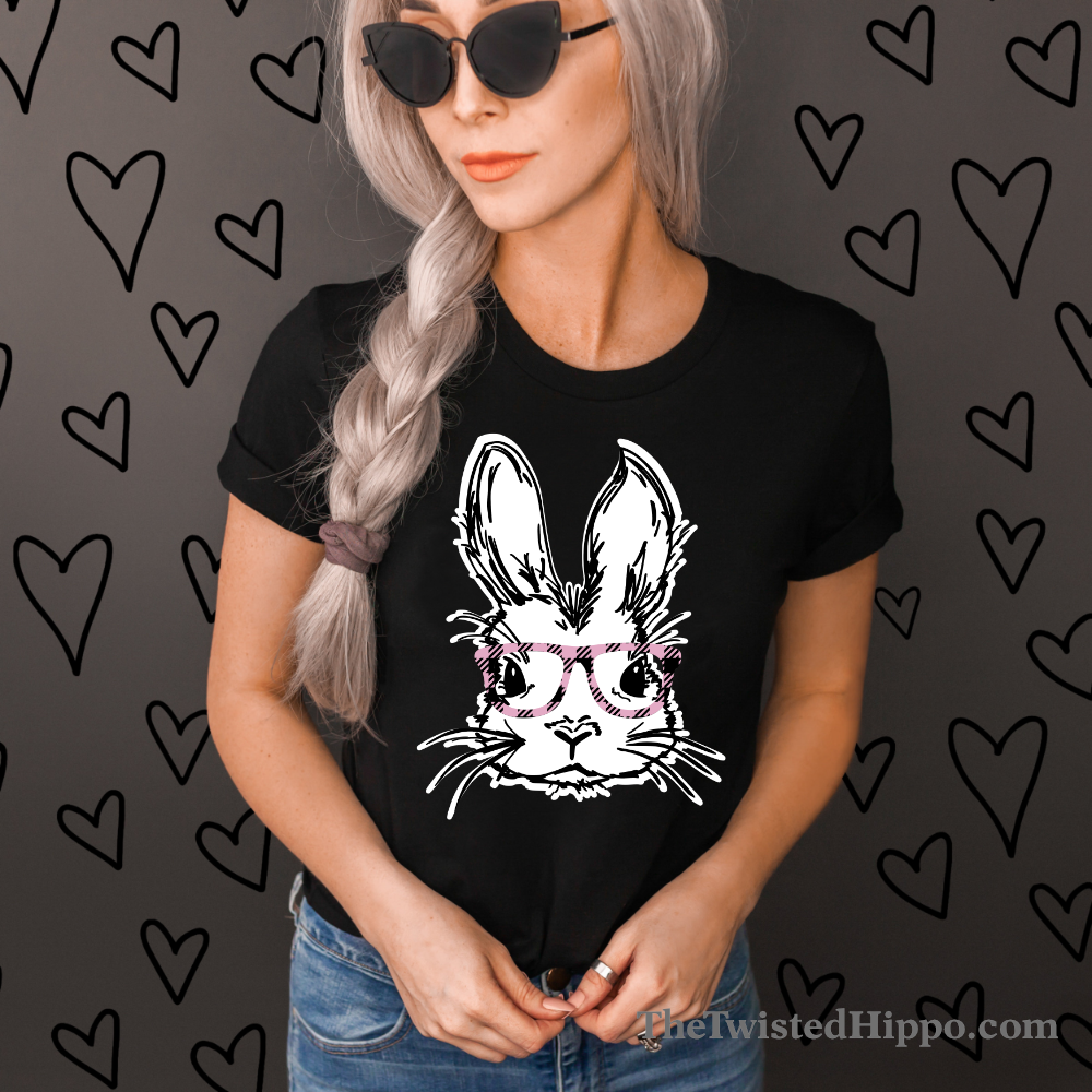 Hipster Bunny with Buffalo Pink Plaid Print Glasses - Easter Black T-shirt - Spring - Rabbit