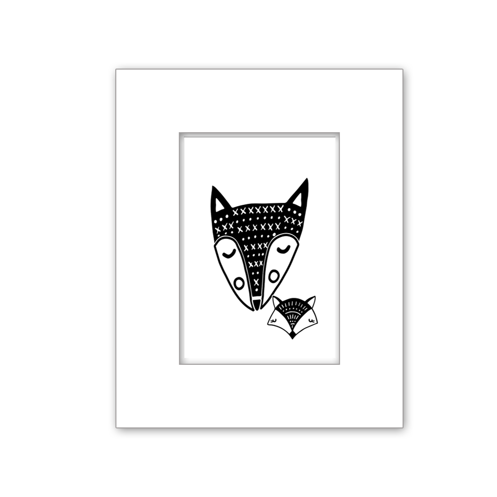 An art print measuuring 14 * 11 inches of the face of a mama fox with her baby fox. The image features black and white tones. Perfect for decorating a nursery or child's bedroom with an woodland theme. Ready to moutnt.