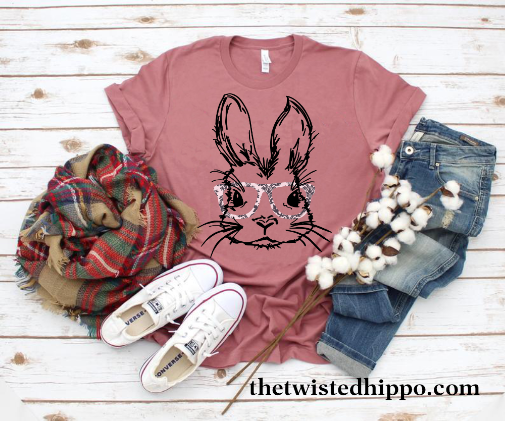 Hipster Bunny with Vintage Print Glasses - Easter Mauve T-shirt - Spring - Rabbit
