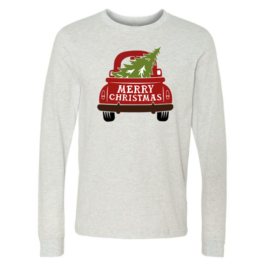 Merry Christmas Red Truck Long Sleeve Unisex Holiday Ash Tee