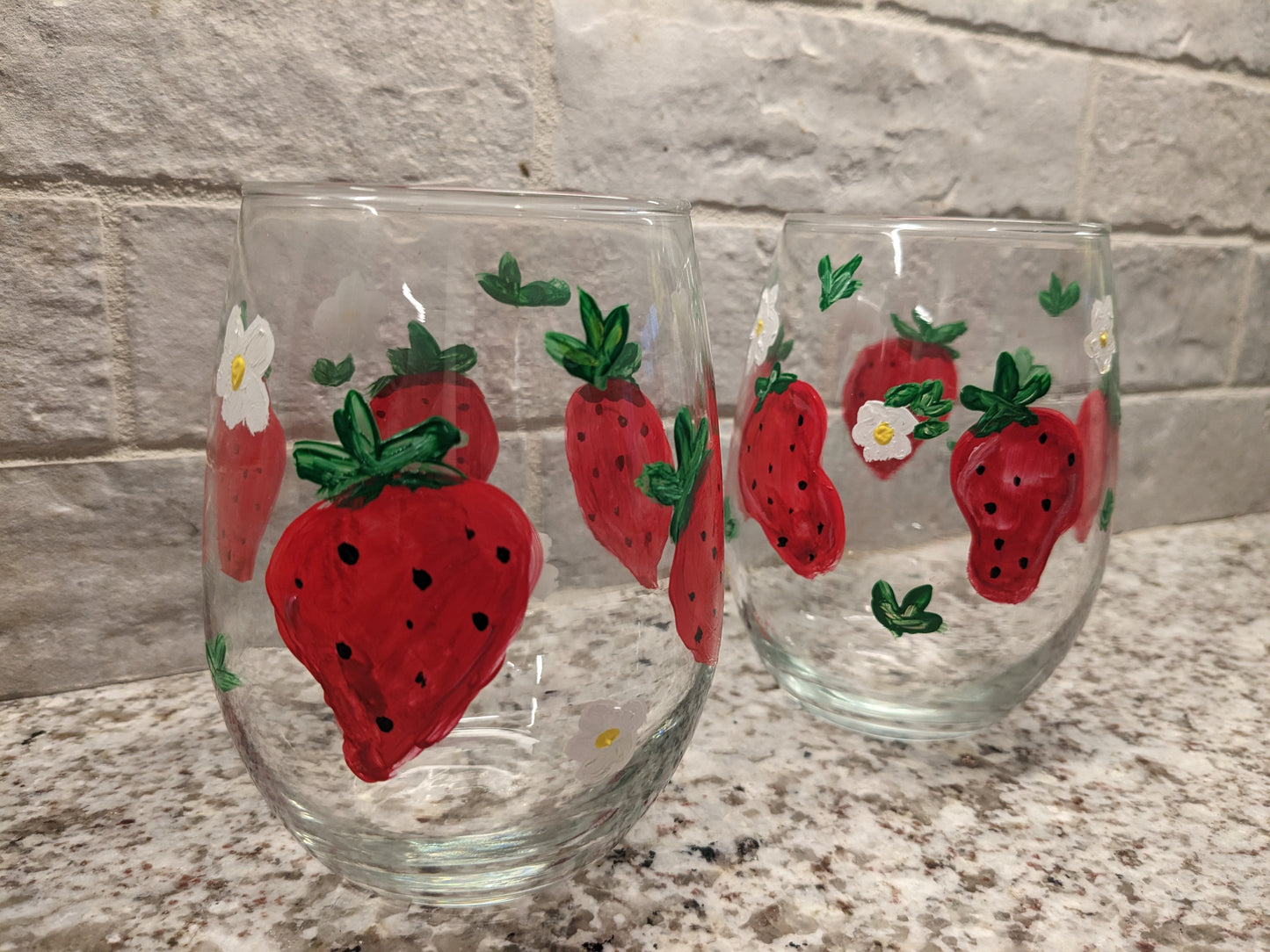set of Strawberry Patch Hand Painted Stemless Wine Glasses - 16 oz