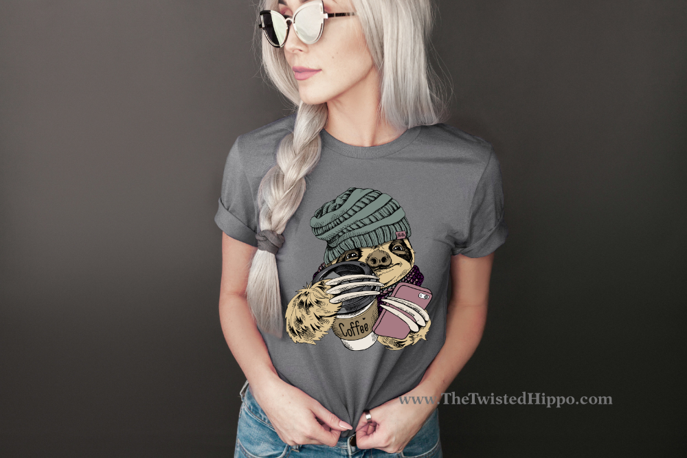 Hipster Sloth with Coffee and Phone Short Sleeve Unisex T-shirt