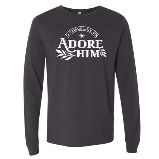 O Come Let us Adore Him Dark Grey Long Sleeve Unisex Holiday Tee