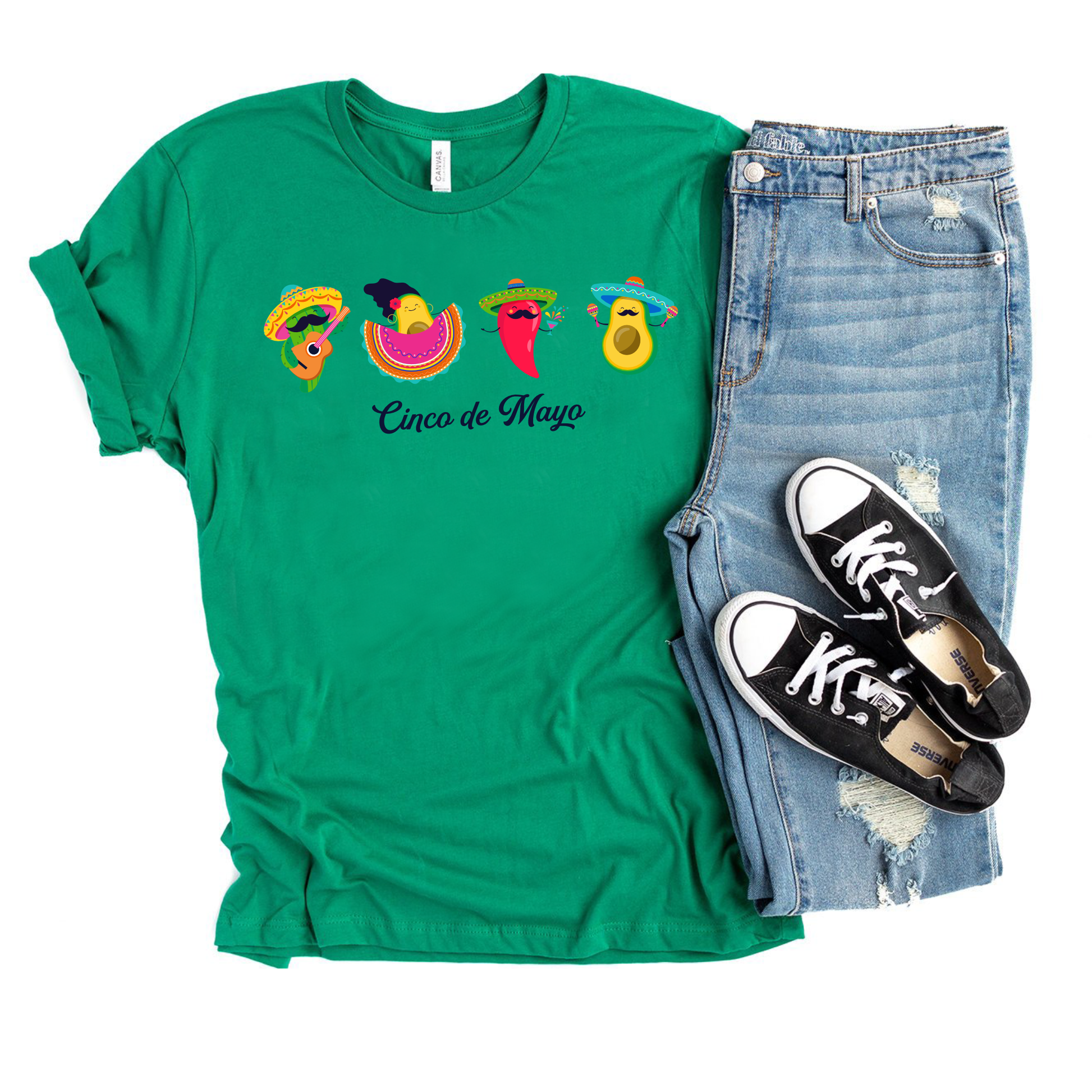 Women’s fiesta shirt with cute pepper and avocado characters

