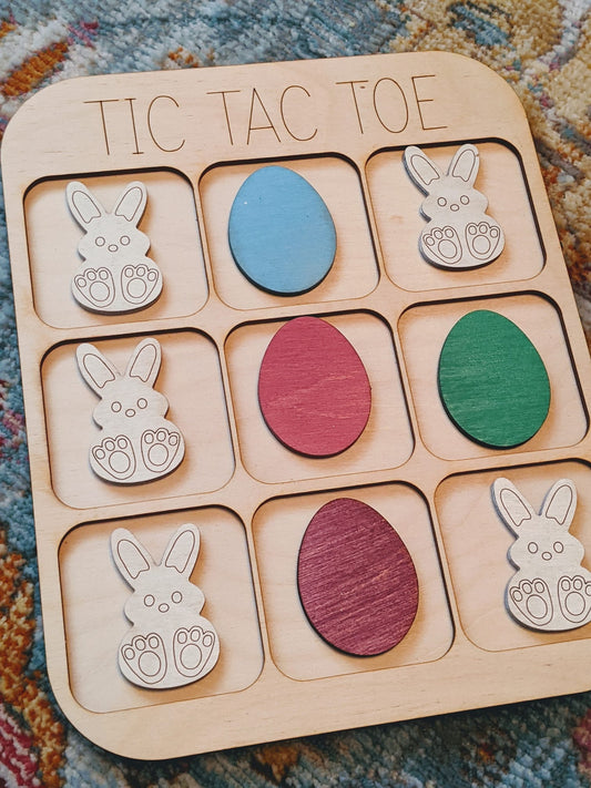 Easter Bunny & Eggs Wooden Tic Tac Toe - BLUE Eggs