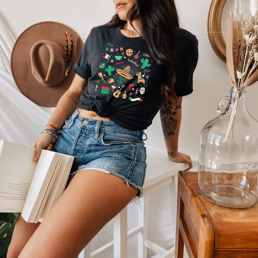 Custom printed tee with colorful fiesta designs

