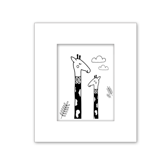 An art print  measuuring 14 * 11 inches of a mother and baby giraffe in playful pose, set against an African savanna background. The image features black and white tones. Perfect for decorating a nursery or child's bedroom with an African safari or wildlife theme 