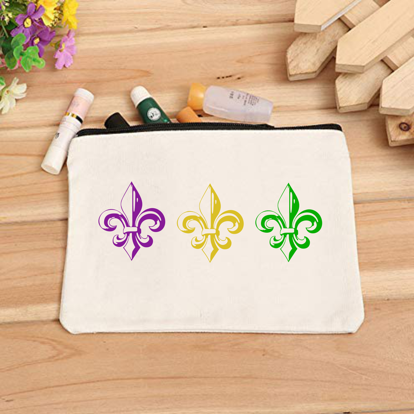 Fleur De Lis Mardi Gras White Canvas Makeup Organizer Cosmetic Bag