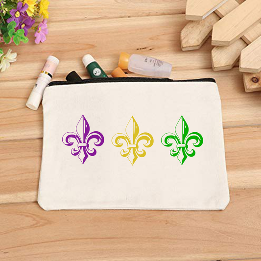 Fleur De Lis Mardi Gras White Canvas Makeup Organizer Cosmetic Bag