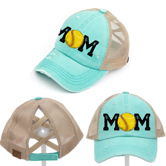 Softball Mom Criss Cross Hat - Red, Mint & Charcoal